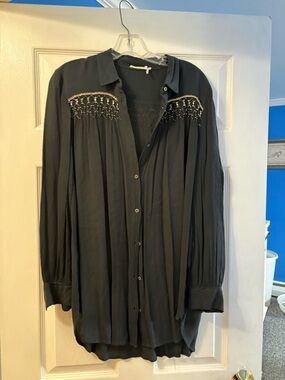 Anthropologie Floreat Navy beaded blouse medium